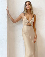 Black Satin Knot Hollow-out Straps Long Dress French Style Sexy Sleeveless Slit Women Summer Dress Lady Evening Party Gowns