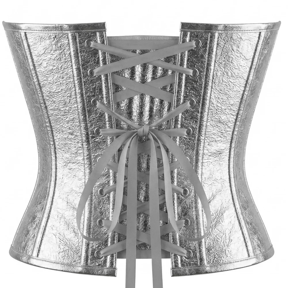 Women's Silver Metallic Strapless Corset Bustier Front Hook Back Lace-Up Waist Cincher Party Top