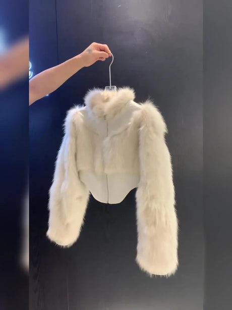 Cropped Faux Fur Coat Women Fashion Elegant Patchwork Fluffy Jacket Winter Ladies Korean Long Sleeve Furry Outerwears New