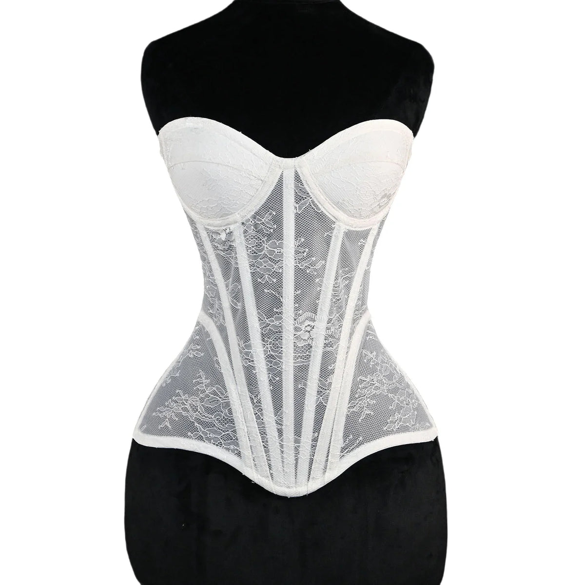Women Mesh Corset Busiter Overbust Cups Push Breast Floral Lace Bodice Sext Tansparent Strapless Crop Tops Lace Up Steel Boned