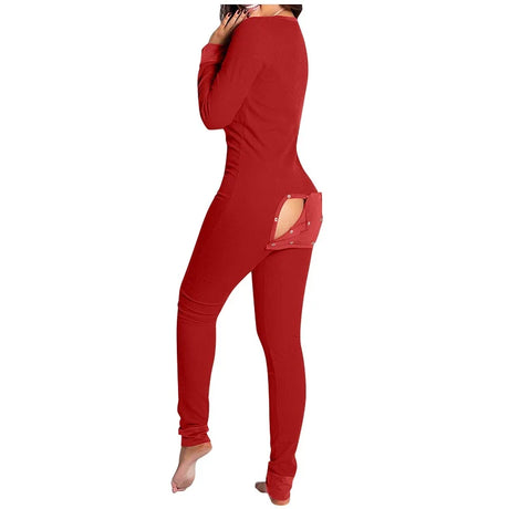 Sexy Pyjama Women's Long Sleeves Homewear Suit Button-Down Front Back Butt Bum Open Ass Flap Jumpsuit Loungewear Christmas Print