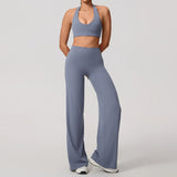Summer 2Pcs Women's Quick-Dry Sports Set U-Neck Sports Bra Sleeveless Yoga Top Two-Piece Fitness Workout Set with Bell-Bottom