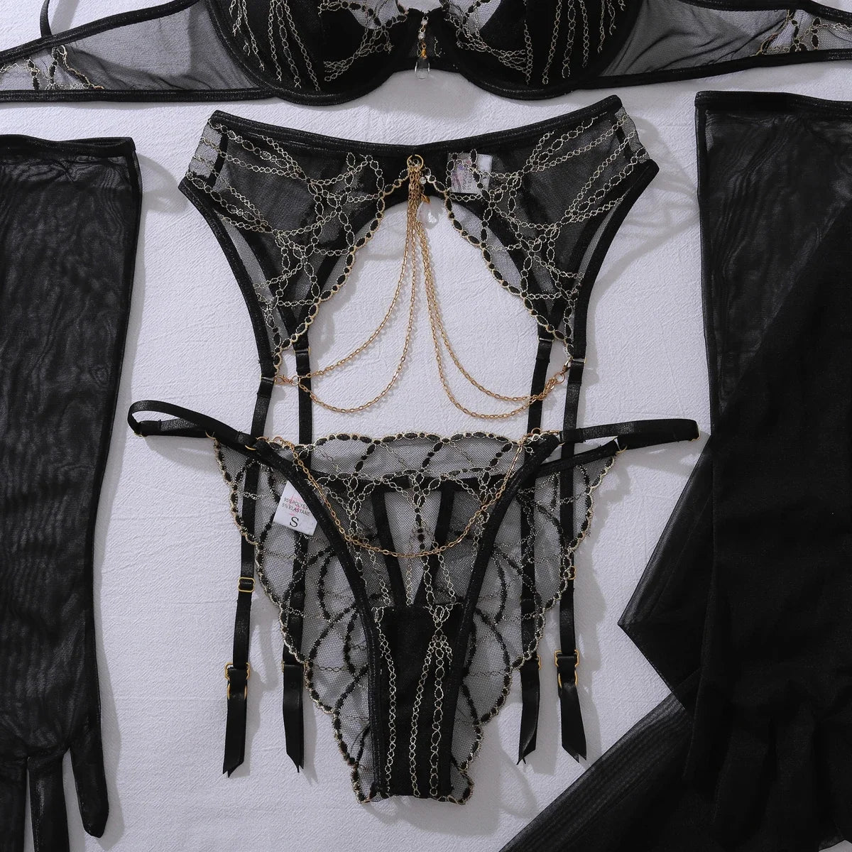 Romantic Women's Lingerie Intimate Sets Elegant Chains Bra Belt Thong 3PC with Gloves Stockings Shiny Intimate Honey Underwear