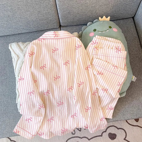 CHUANGERM New Sweet Girl Womens Students Casual Long‑Sleeved Wrinkled Cloth Pajamas Homewear Set For Spring And Fall