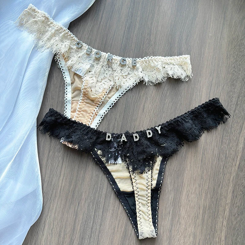 Lady Personalized Custom Thongs Name Crystal Letter T-back Tanga Sexy Women Lace Customized G-String Name Underwear Panties