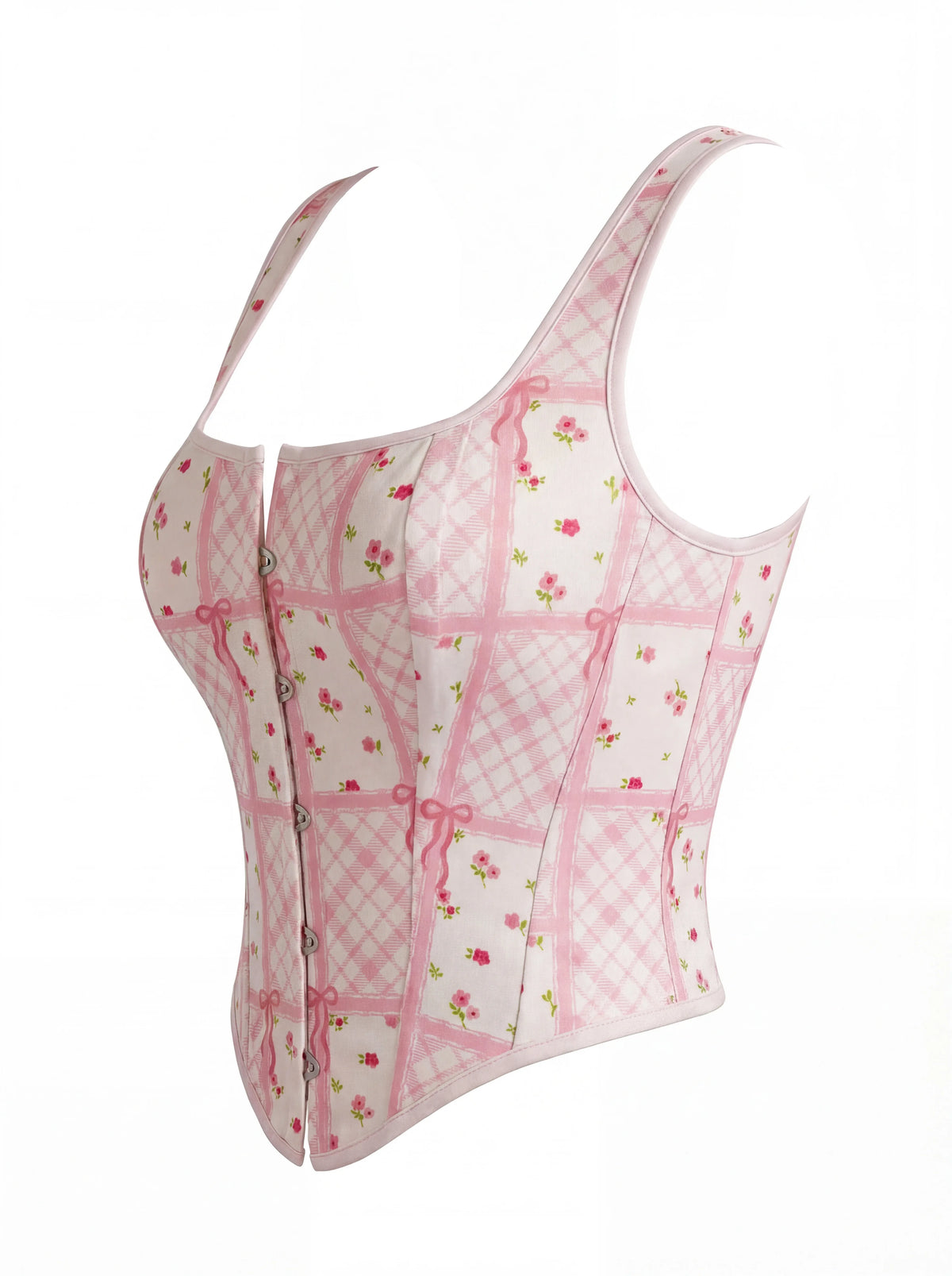 Women's Pink Corset Ditsy Floral Plaid Bow Print Adjustable Straps Front Hook Back Lace Up Coquette Bustier Top