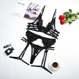 Luxury Floral Embroidery Lace Women's Lingerie Sets Seductive Jewel Strap Sheer Push Up Bra Panty Garter Belt 3PC Sexy Underwear