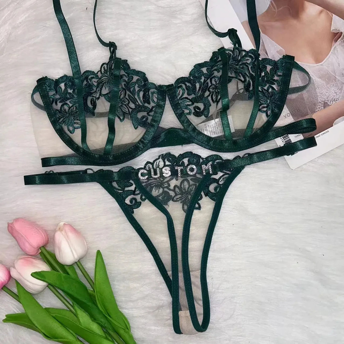 Custom Name Thong Bra Sets For Women Customized Underwear Hotwife Lingerie Lace Flower String Underpants Personality Panties