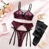 Women's 4-Piece Sheer Lace Lingerie Set Crisscross Strap Bra Garter Belt Long Socks Seductive Intimate Underwear
