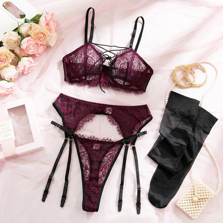 Women's 4-Piece Sheer Lace Lingerie Set Crisscross Strap Bra Garter Belt Long Socks Seductive Intimate Underwear