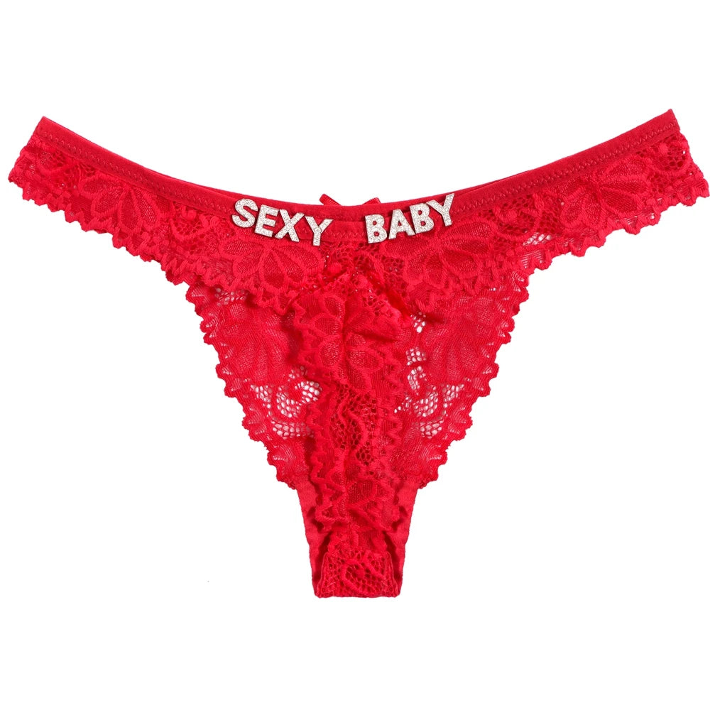 Personalized Rhinestone Letter Lace Thong for Women Custom Name Crystal G-String Panties Sexy Lingerie Gift