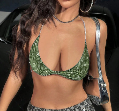 Shiny Colorful Rhinestone Bra Tops Summer Women Sexy Backless Deep V Neck Halter Neck Tank Top Fashion Party Club Camisole