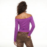 Womens Fall Basic Crop Tops Long Sleeve Off Shoulder Striped Print Slim Fit T-shirts