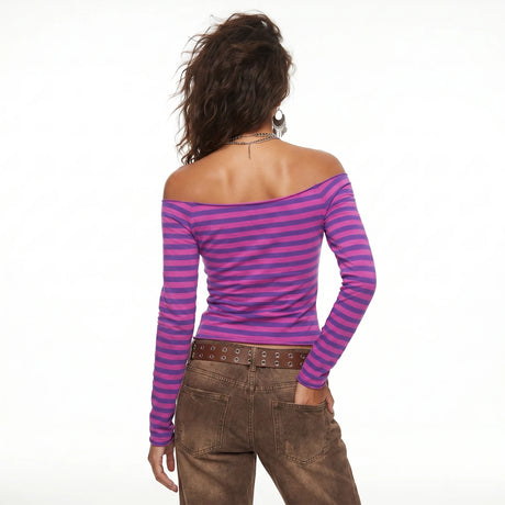 Womens Fall Basic Crop Tops Long Sleeve Off Shoulder Striped Print Slim Fit T-shirts