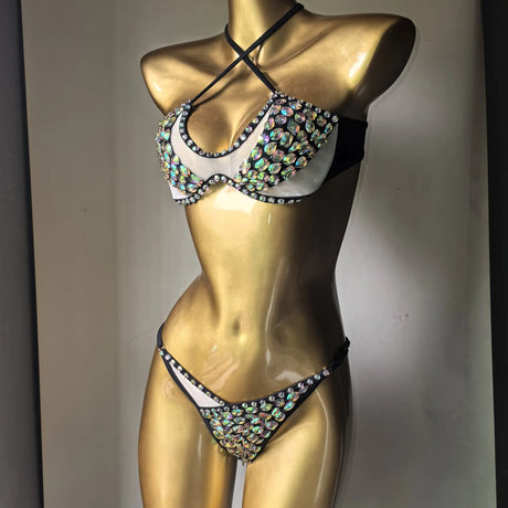 Rhinestone Beaded 2 Pcs Bikini Set Underwire Mesh Side Tie Bikini Women Luxury Crystal Sparkle Beach Festival Rave Bathing Suit