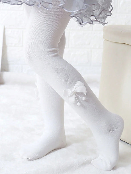 5 Pairs Solid-Color Leggings for Girls with Bownot Decoration,Breathable Pantyhoses Suitable for Daily Wear in Spring and Autumn