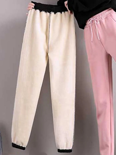 Autumn Winter Warm Solid Color Fleece Women Long Pants Casual Loose Elastic Waist Sports Pants Office Ladies Trousers Women