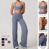 Summer 2Pcs Women's Quick-Dry Sports Set U-Neck Sports Bra Sleeveless Yoga Top Two-Piece Fitness Workout Set with Bell-Bottom