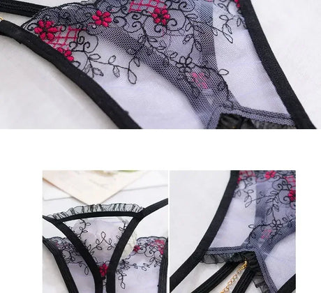 Women Sexy Crotchless Thong with Pearl Pendant Lace Embroidery Transparent G-string Tanga Underwear Lingerie