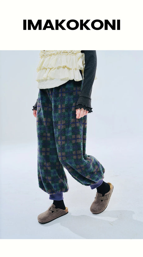 Green Plaid Lamb Wool Lantern Pants Female clothing women's pants and trousers Elastic Waist Loose Baggy Trousers for woman