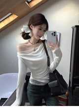 Lace Splice Asymmetrical Shoulder Long Sleeve T-Shirt Women's Slim Fit White Top for Autumn Winter Commute Casual Wear