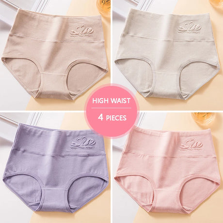 Plus Size M-5XL 4Pcs/Set High Waist Cotton Panties Women Body Shaper Underwear Soft Print Girls Briefs Slimming Female Lingerie