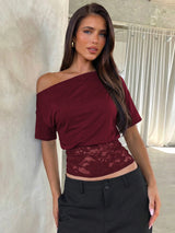 Dulzura Inclined Shoulder Short Sleeve Slim Lace Patchwork T-Shirt Women'S Vintage Sexy Casual Y2K Top Party Club Summer Clothes