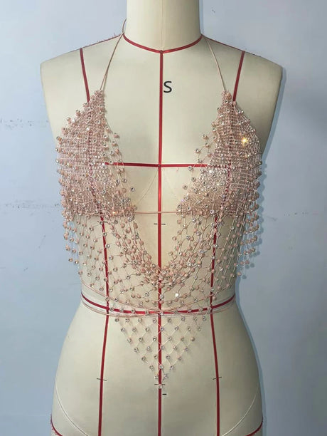 Dazzling Rhinestone Mesh Camisole Sexy Backless Halter Neck Bandage V Neck Hollow Fishnet Tank Top Women Party Club Crop Tops
