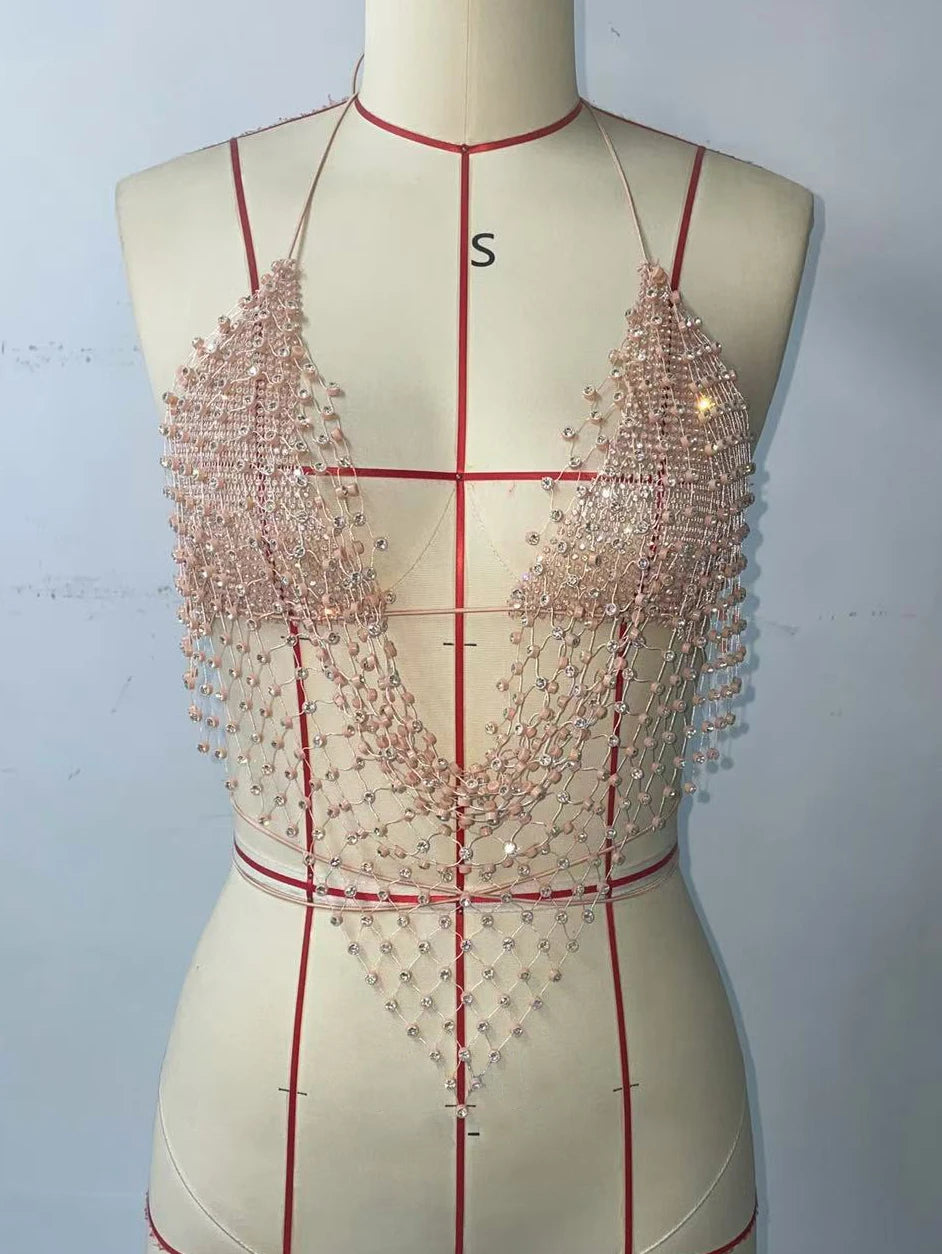 Dazzling Rhinestone Mesh Camisole Sexy Backless Halter Neck Bandage V Neck Hollow Fishnet Tank Top Women Party Club Crop Tops