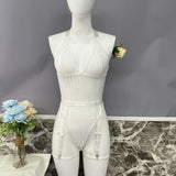 Sexy Lingerie Strip See Through Bodysuit Deep-V Halter Erotic Costumes Backless Jumpsuit Suspenders Underwear Women Garter 2024