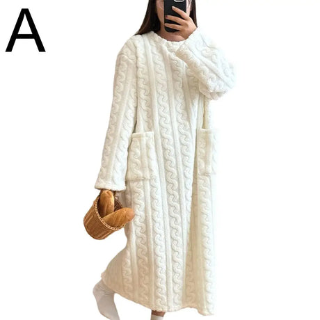 Winter Long Sleeve Double Pocket Flannel Nightgowns Women Loose Solid Sleepwear Jacquard Night Dress Thickened Warm Nightdress
