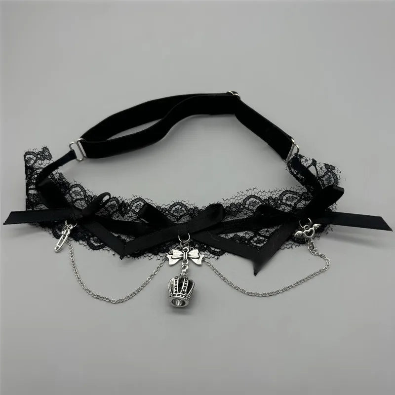Dark Lolita Red Black Lace Crown Thigh Garter Gothic Bowknot Leg Chain JK Elastic Adjustable Thigh Ring Leg Harness Accessory