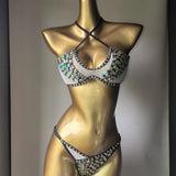 Rhinestone Beaded 2 Pcs Bikini Set Underwire Mesh Side Tie Bikini Women Luxury Crystal Sparkle Beach Festival Rave Bathing Suit