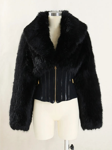 TWOTWINSTYLE Black Slimming Spliced Zipper Jackets for Women Lapel Long Sleeves Tunic Patchwork Fur Fashion Jacket Female New