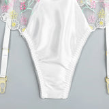 New White Floral Embroidery Fairy Lingerie Sets Transparent Mesh Patchwork Underwear Garter Intimate Panties Erotic Suits
