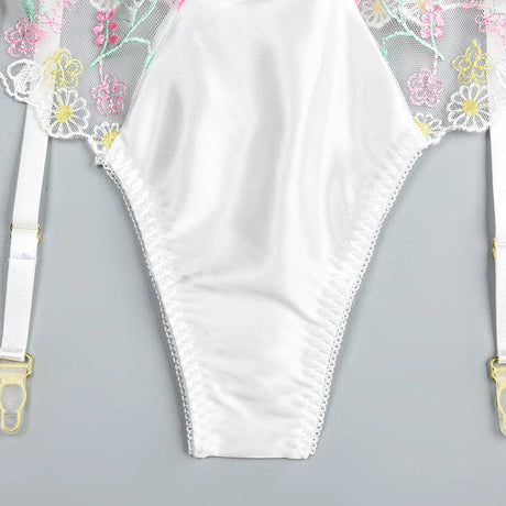New White Floral Embroidery Fairy Lingerie Sets Transparent Mesh Patchwork Underwear Garter Intimate Panties Erotic Suits