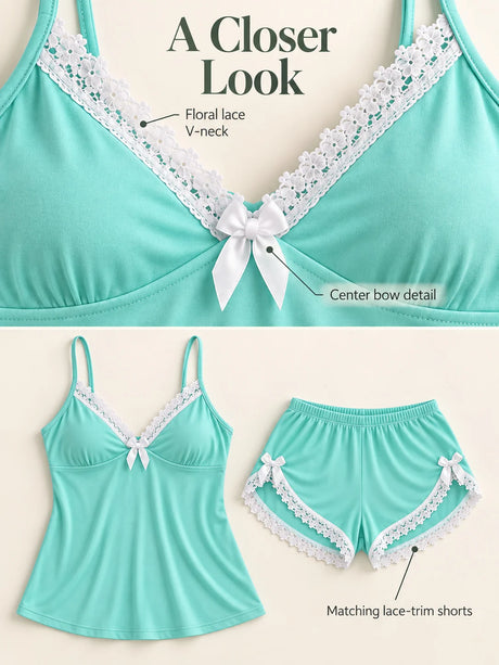 Women's Lace Trim Camisole Shorts Pajama Set, V Neck Bow Detail Sleeveless Two Piece Sleepwear in Solid and Printed Colors