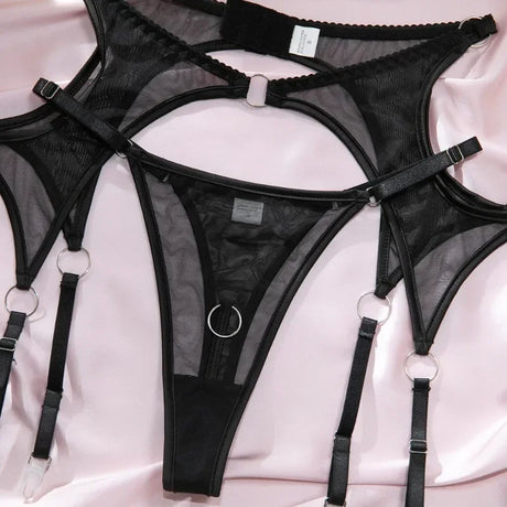 Lingerie Set Sexy See Through Mesh Push Up Bra Contrast Color Metal Ring Decor High Elasticity Two Piece Sexy Lingerie for Women