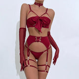 Cupless Lingerie Set Silk Bra Thigh Straps 3Piece Satin Bowknot Erotic Underwear for Women