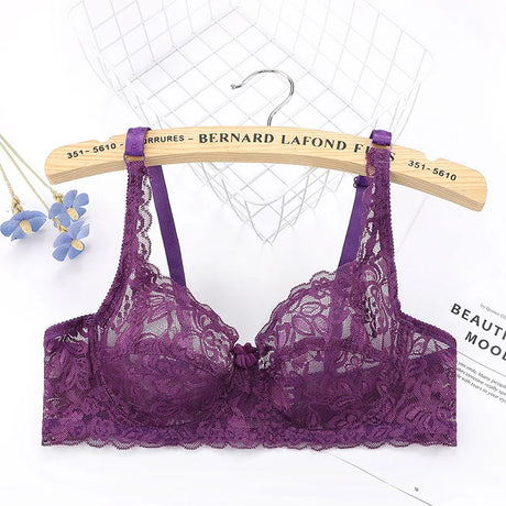 Plus Size Lace Ultra-thin Push Up Bra Women Sexy Hollow Out Lingerie Lady Lace Transparent Underwear Female Embroidery Solid Bra