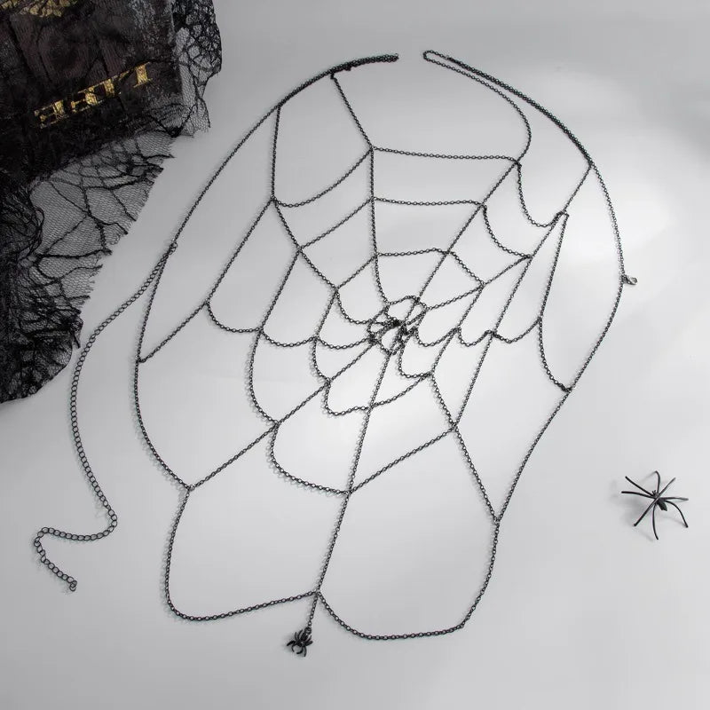 Black Spider Web Body Chain Women Gothic Spider Pendant Back Harness Adjustable Mesh Web Bikini Halloween Festival Body Jewelry