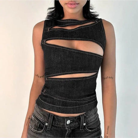 Women's Black Denim Cut Out Crop Top Sleeveless Asymmetric Hollow Out Fitted Streetwear Tank Top