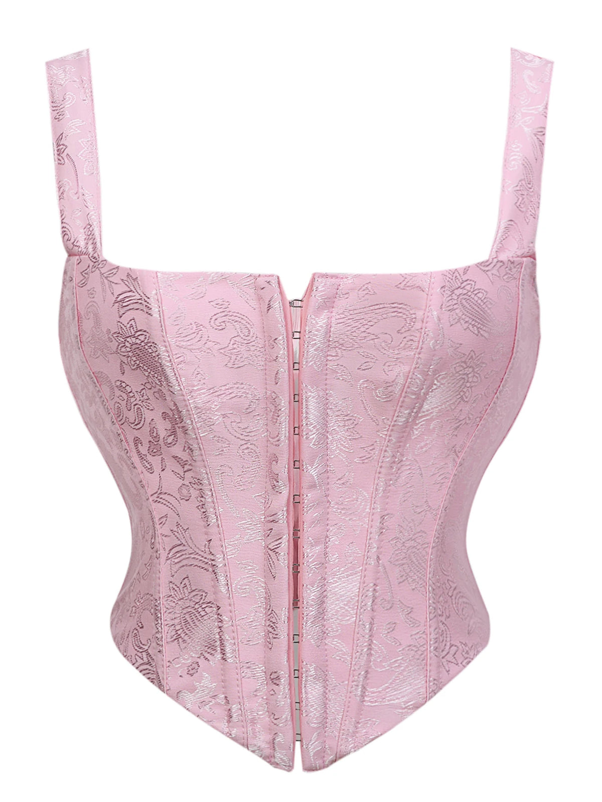 Floral Jacquard Wide Strap Corset Top Front Hook Back Lace Up Square Neck For Women