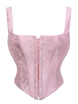Floral Jacquard Wide Strap Corset Top Front Hook Back Lace Up Square Neck For Women