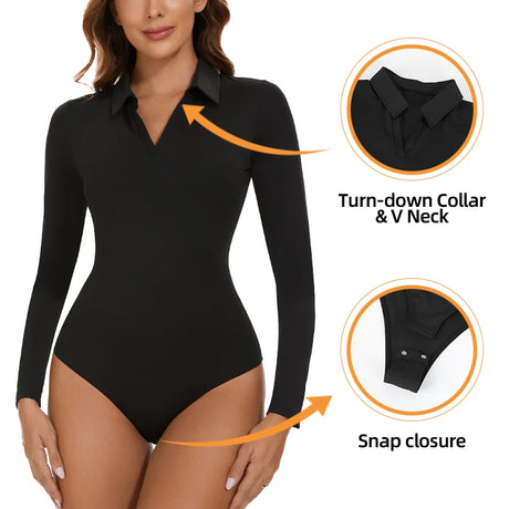 Women Sexy Long Sleeve Bodysuit Turn-down Collar V Neck Shapewear Tummy Control Butt Lift Shirt Seam-free Compression