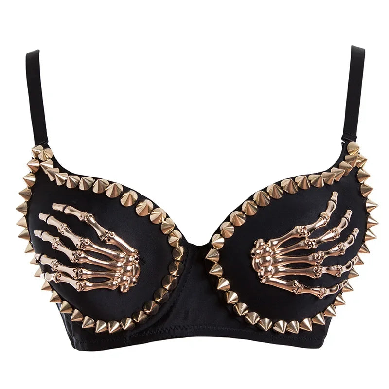 Gothic Punk Bra Gold Rivet Skeleton Hands Fashion Push Up Bras for Women Sexy Corset Top Party Club Dance Wear