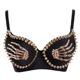 Gothic Punk Bra Gold Rivet Skeleton Hands Fashion Push Up Bras for Women Sexy Corset Top Party Club Dance Wear