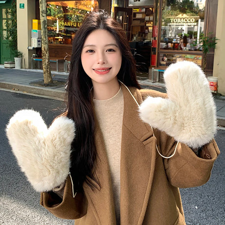 Hot Sale Women's 100% Natural Rabbit Fur Winter Gloves Warm Knit Thick Thermal Mittens Soft Real Fur Outdoor Cold Weather Glove