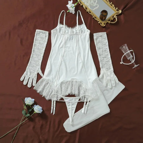 Women's White Corset Lingerie Set 4 Piece Underwire Dress Thong Panty Lace Gloves Stockings Sexy Nightwear Set Elegant Stretchy