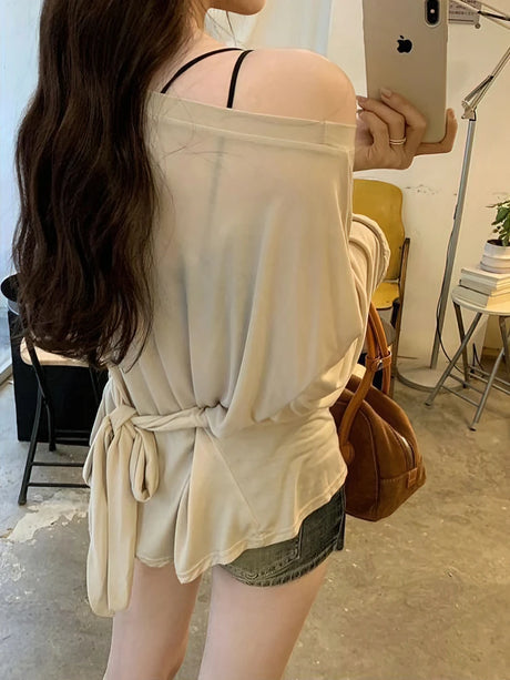 See Through Long Sleeve Oversize T Shirt Women Sexy Back Bandage Off Shoulder Top Female Basic Long Tees Korean Chic Lady New
